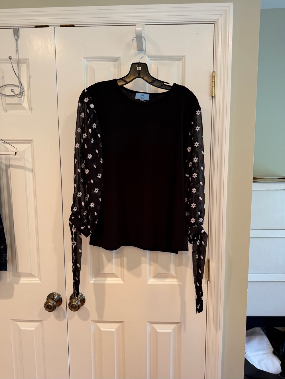 CeCe Black Blouse with Sheer Floral Tie Sleeves
